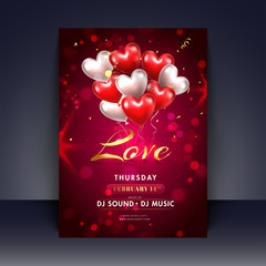 Wall Mural - realistic heart shape balloons with stylish love lettering on red bokeh background for valentine's d