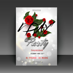 Wall Mural - stylish lettering of valentine's day decorated with rose flowers on white bokeh background. music or