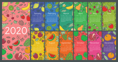 Wall Mural - Calendar 2020. Vector English wall calender template. Fruits, berries. Lemon, kiwi, banana, pear, cherry, strawberry, raspberry, watermelon, grapes, apple, pomegranate and mandarin. Hand drawn design