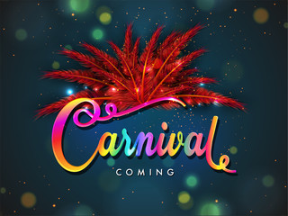 Sticker - Red feather decorated colorful text Carnival on blue bokeh background for party celebration poster or banner design.