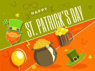 Sticker - Flat style poster or banner design with illustration of festival elements for St Patrick's Day celebration.