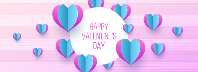 Wall Mural - paper origami of heart shapes decorated on striped background for happy valentines day header or ban