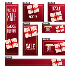 Wall Mural - valentine's day sale header and banner set with 50% discount offer and gift box illustration.