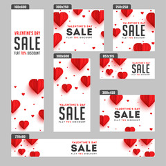 Wall Mural - valentine's day sale header and banner set with 70% discount offer and paper origami of heart shapes