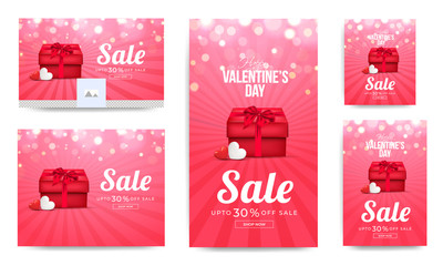 Wall Mural - social media header and template design with gift box and glossy heart shapes for valentine's day sa