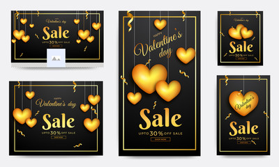 Wall Mural - glossy golden heart shapes hanging on background with 30% discount offer. social media header and te
