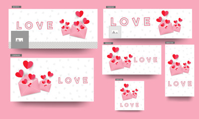 Wall Mural - social media love banner and header set with paper cut heart shapes for valentine's day celebration 