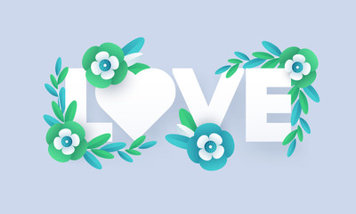 Wall Mural - paper cut style typography of love decorated with flowers on blue background for valentine's day gre