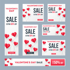 Wall Mural - set of valentine's day sale banner or poster design with 50% discount offer and paper heart shape ba