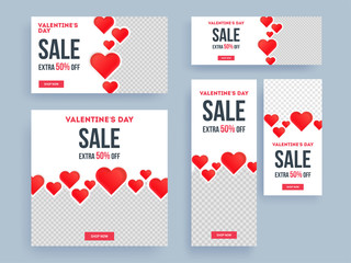 Wall Mural - paper hearts decorated poster and banner set with 50% discount offer for valentine's day sale.