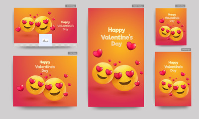 Wall Mural - Social media header or poster set with illustration of love emoji on glossy background for Valentine's Day celebration.