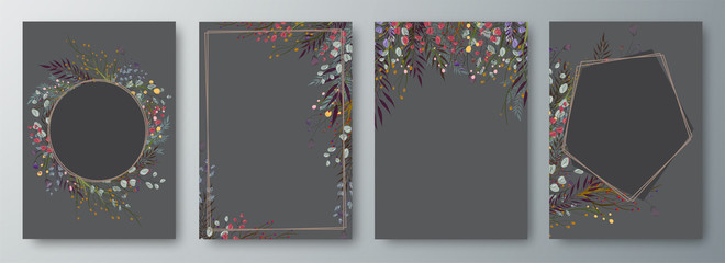 Wall Mural - Set of four invitation or greeting card design decorated with flowers.