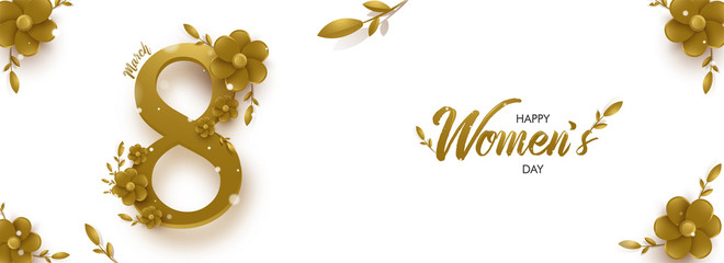 3d text 8 march decorated with brown paper cut flowers on white background for women's day header or