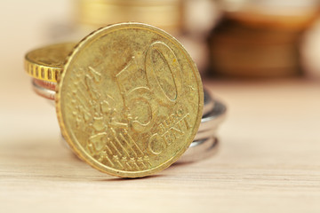 piles of coins on working table