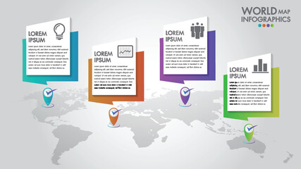 Wall Mural - world map business infographics 4 options vector illustration and design template with pointer marks