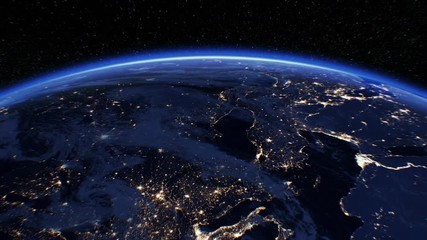 beautiful sunrise over the earth. view from space satellite. cities at night. changing from night to