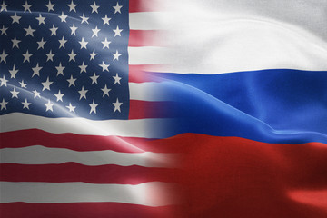 Flag of United States of America and Russia - indicates partnership, agreement, or trade wall and conflict between these two countries.