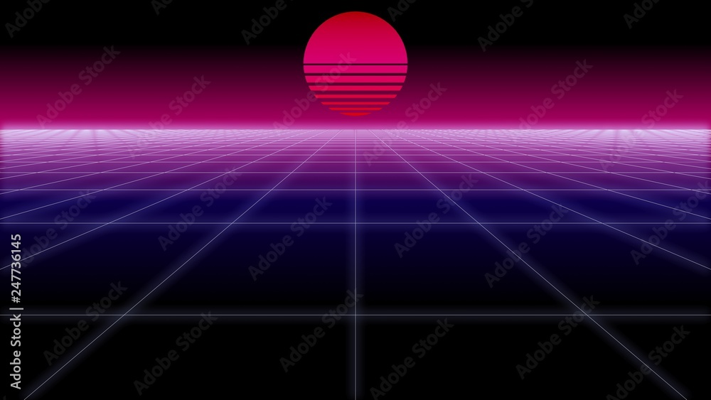 synthwave net and sun Retro Background 3d render Stock Illustration ...