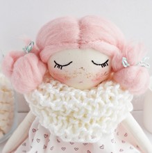 Handmade Rag Doll With Pale Pink Hair, Wearing Cute Dress And Wool Scarf