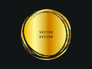 Metalic gold circle shape. Label, logo design element, frame. Brush abstract wave. Vector illustration.