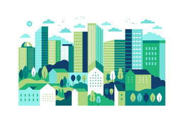 Poster - Vector illustration in simple minimal geometric flat style - city landscape with buildings, hills and trees