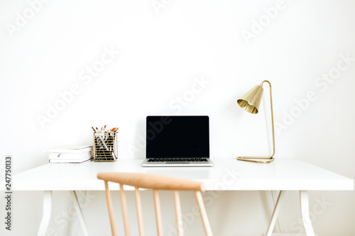 Bright Home Office Desk Workspace With Mockup Screen Laptop
