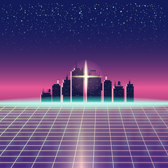 Wall Mural - Synthwave Retro Futuristic Landscape With City, Sun, Stars And Styled Laser Grid. Neon Retrowave Design And Elements Sci-fi 80s 90s Space. Vector Illustration Template Isolated Background