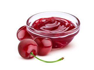 Wall Mural - Cherry jam in bowl isolated on white background, cherry marmalade