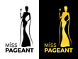 Miss pageant logo sign with woman queen wear crown and Beauty cape hold Wand vector design