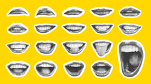 Collage In Magazine Style With Emotional Woman's Lip Gestures Set. Girl Mouth Close Up With Lipstick Makeup Expressing Different Emotions. Black And White Toned Sunny Summer Colorful Yellow Background