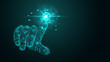© ngaga35 - Abstract virtual futuristic Hand touch the circle interface on green cyberspace background with low-poly, polygon and triangle. Point finger touching technology concept. Wireframe  vector