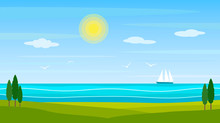 Summer Landscape Of The Sea Or Ocean Coast With Green Hills, Sun And Ship Sailing Ship.