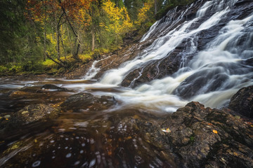 Wall Mural - Waterfalls in boreal autumnal forest in Norway.