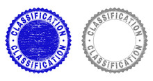 Grunge CLASSIFICATION Stamp Seals Isolated On A White Background. Rosette Seals With Grunge Texture In Blue And Gray Colors. Vector Rubber Stamp Imitation Of CLASSIFICATION Tag Inside Round Rosette.