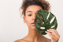 Woman With Tropical Leaf Covering Half Of Face