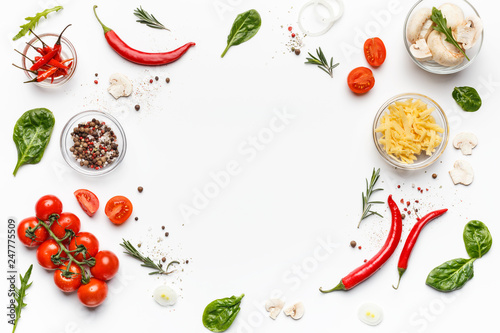 Cuadros en Lienzo Colorful pizza ingredients on white background, top view