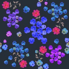 Wall Mural - seamless floral pattern with pansies and crimson cosmos flowers on black background in vector. print
