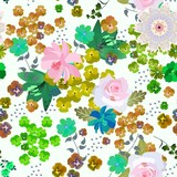 Fototapeta Dinusie - Seamless romantic pattern with gentle flowers, leaves and little hearts on white background in vector. Summer print for fabric.