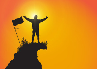 Silhouette of young man standing on top of the mountain with hands up with flag on golden sunrise background, success, achievement and winning concept vector illustration