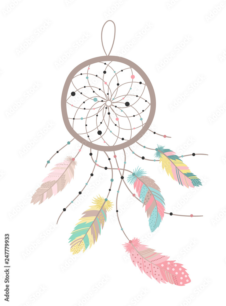 Foto-Schiebegardine Komplettsystem - Vector image of a dreamcatcher in boho style with colorful feathers. Hand-drawn illustration by national American motifs for baby, cards, flyers, posters, prints, holiday, children, home, decor