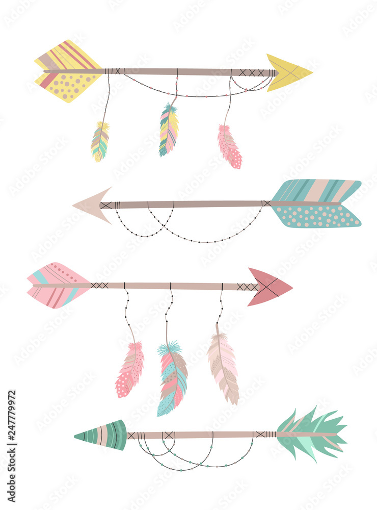 Foto-Schiebegardine Komplettsystem - Vector image of an isolated colorful arrows in boho style with feathers.  Hand-drawn illustration by national American motifs for baby, cards, flyers, posters, prints, holiday, children, home, decor
