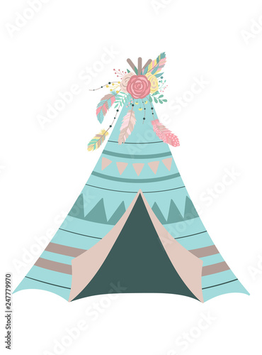 Foto-Schiebegardine Komplettsystem - Vector image of an isolated blue wigwam in boho style with flowers, feathers and ornaments. Hand-drawn illustration by national American motifs for baby, cards, flyers, posters, prints, holiday, child (von Anton)