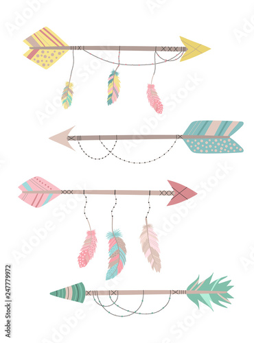 Foto-Gardine - Vector image of an isolated colorful arrows in boho style with feathers.  Hand-drawn illustration by national American motifs for baby, cards, flyers, posters, prints, holiday, children, home, decor (von Anton)
