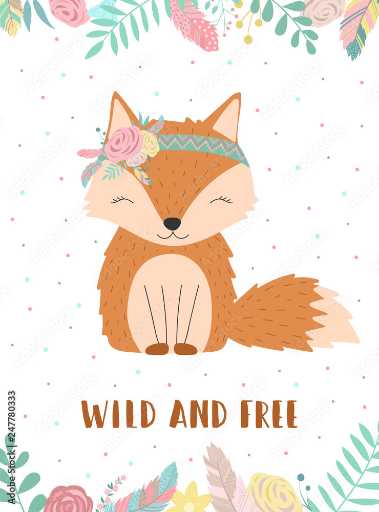 Foto-Schiebegardine Komplettsystem - Ð¡ollection of hand-drawn boho fox with words Wild and Free. Illustration of polka-dots, flowers and feathers. Vector by national american motifs for baby, cards, flyers, posters, prints, holiday