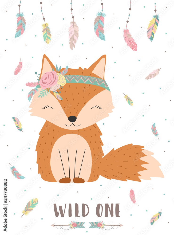 Foto-Schiebegardine Komplettsystem - Ð¡ollection of hand-drawn boho cute fox with words Wild one. Background of feathers and polka dots. Vector by national american motifs for baby, cards, flyers, posters, prints, holiday