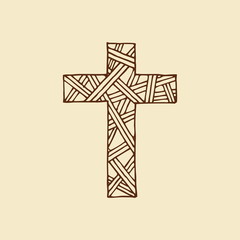 Cross of the Lord and Savior Jesus Christ with interlacings, hand-drawn. Christian and biblical symbols.