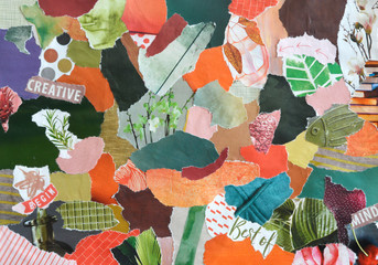 Collage moodboard in seventies style orange green colors made of recycling waste paper results in modern art