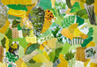 Collage mood board in organic green yellow colors with plants and flowers in retro style made of teared recycling old paper results in modern art