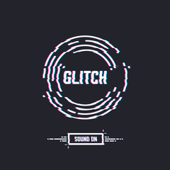 Wall Mural - Glitch circles with text, stereo effect and distortion. Emblem of vinyl record or CD circle. DJ or retro party with music. Music label logo. Trendy glitch line style vector illustration.