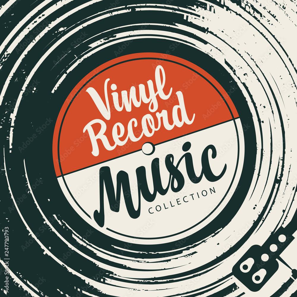 Vector poster or cover with vinyl record, record player and calligraphic lettering in retro style - obrazy, fototapety, plakaty 